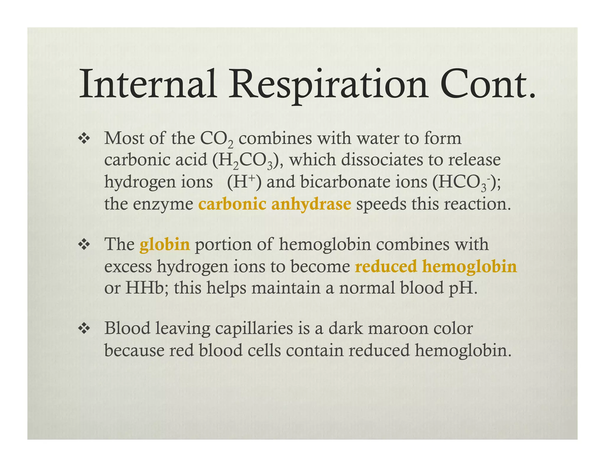 Internal Respiration Cont.
v  Most of the CO2 combines with water to form
carbonic acid (H2CO3), which dissociates to release
hydrogen ions (H+) and bicarbonate ions (HCO3
-);
the enzyme carbonic anhydrase speeds this reaction.
v  The globin portion of hemoglobin combines with
excess hydrogen ions to become reduced hemoglobin
or HHb; this helps maintain a normal blood pH.
v  Blood leaving capillaries is a dark maroon color
because red blood cells contain reduced hemoglobin.
 