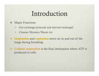 v  Major Functions
v  Gas exchange (external and internal exchange)
v  Cleanse/Moisten/Warm Air
v  Inspiration and expiration move air in and out of the
lungs during breathing.
v  Cellular respiration is the final destination where ATP is
produced in cells.
Introduction
 