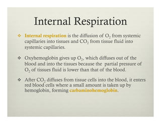 Internal Respiration
v  Internal respiration is the diffusion of O2 from systemic
capillaries into tissues and CO2 from tissue fluid into
systemic capillaries.
v  Oxyhemoglobin gives up O2, which diffuses out of the
blood and into the tissues because the partial pressure of
O2 of tissues fluid is lower than that of the blood.
v  After CO2 diffuses from tissue cells into the blood, it enters
red blood cells where a small amount is taken up by
hemoglobin, forming carbaminohemoglobin.
 