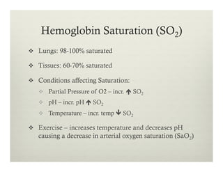 Hemoglobin Saturation (SO2)
v  Lungs: 98-100% saturated
v  Tissues: 60-70% saturated
v  Conditions affecting Saturation:
v  Partial Pressure of O2 – incr. é SO2
v  pH – incr. pH é SO2
v  Temperature – incr. temp ê SO2
v  Exercise – increases temperature and decreases pH
causing a decrease in arterial oxygen saturation (SaO2)
 