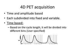 4D PET acquisition
• Time and amplitude based
• Each subdivided into fixed and variable.
• Time based:
– Based on the cycle length, it will be divided into
different bins (User specified)
 