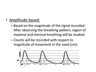 • Amplitude based:
– Based on the magnitude of the signal recorded.
After observing the breathing pattern, region of
maximal and minimal breathing will be studied.
– Counts will be recorded with respect to
magnitude of movement in the voxel (cm).
 