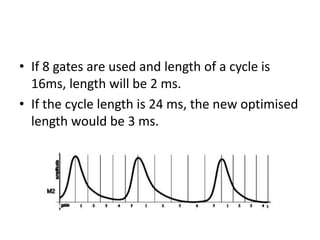 • If 8 gates are used and length of a cycle is
16ms, length will be 2 ms.
• If the cycle length is 24 ms, the new optimised
length would be 3 ms.
 