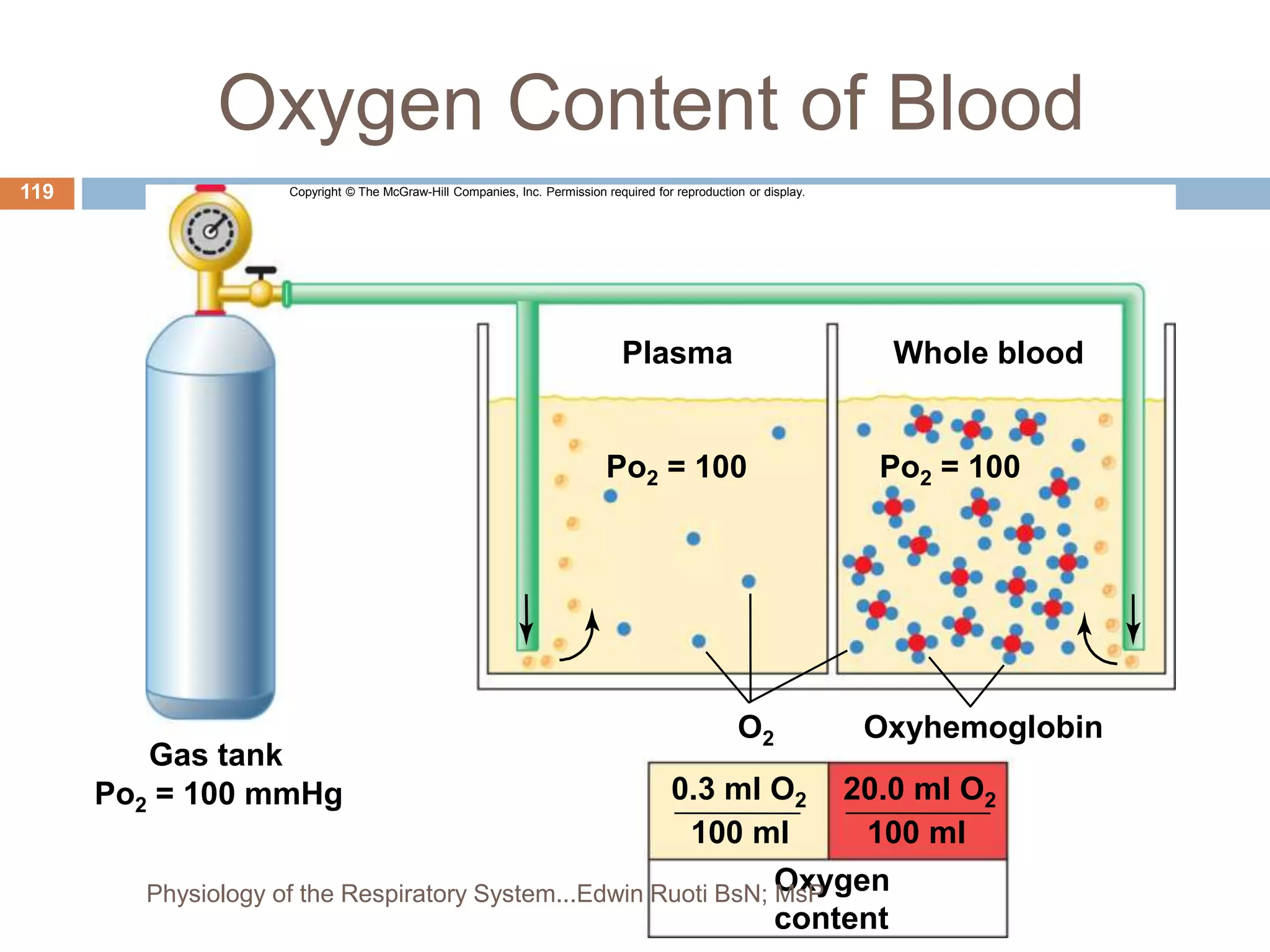 Oxygen Content of Blood
O2
Gas tank
Po2 = 100 mmHg 0.3 ml O2
100 ml 100 ml
20.0 ml O2
Oxyhemoglobin
Po2 = 100 Po2 = 100
Whole blood
Plasma
Oxygen
content
Copyright © The McGraw-Hill Companies, Inc. Permission required for reproduction or display.
119
Physiology of the Respiratory System...Edwin Ruoti BsN; MsP
 