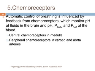 5.Chemoreceptors
a. Automatic control of breathing is influenced by
feedback from chemoreceptors, which monitor pH
of fluids in the brain and pH, PCO2 and PO2 of the
blood.
1) Central chemoreceptors in medulla
2) Peripheral chemoreceptors in carotid and aorta
arteries
102
Physiology of the Respiratory System...Edwin Ruoti BsN; MsP
 