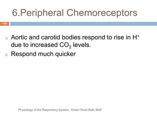 6.Peripheral Chemoreceptors
a. Aortic and carotid bodies respond to rise in H+
due to increased CO2 levels.
b. Respond much quicker
110
Physiology of the Respiratory System...Edwin Ruoti BsN; MsP
 