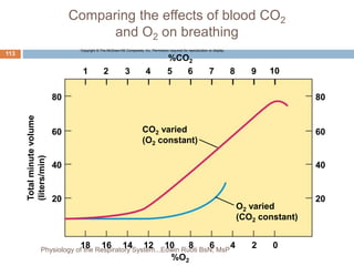 Comparing the effects of blood CO2
and O2 on breathing
Copyright © The McGraw-Hill Companies, Inc. Permission required for reproduction or display.
Total
minute
volume
(liters/min)
8 6 4 2 0
1 2 3 4 5 6 7 8 9
80
60
20
40
10
80
60
40
20
O2 varied
(CO2 constant)
18 16 14 12
%O2
10
CO2 varied
(O2 constant)
%CO2
113
Physiology of the Respiratory System...Edwin Ruoti BsN; MsP
 