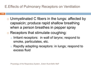 E.Effects of Pulmonary Receptors on Ventilation
 Unmyelinated C fibers in the lungs: affected by
capsaicin; produce rapid shallow breathing
when a person breathes in pepper spray
 Receptors that stimulate coughing:
a. Irritant receptors: in wall of larynx; respond to
smoke, particulates, etc.
b. Rapidly adapting receptors: in lungs; respond to
excess fluid
115
Physiology of the Respiratory System...Edwin Ruoti BsN; MsP
 