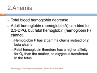 2.Anemia
a. Total blood hemoglobin decrease
b. Adult hemoglobin (hemoglobin A) can bind to
2,3-DPG, but fetal hemoglobin (hemoglobin F)
cannot.
1) Hemoglobin F has 2 gamma chains instead of 2
beta chains
2) Fetal hemoglobin therefore has a higher affinity
for O2 than the mother, so oxygen is transferred
to the fetus.
136
Physiology of the Respiratory System...Edwin Ruoti BsN; MsP
 