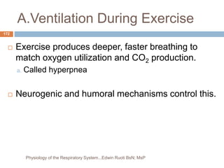 A.Ventilation During Exercise
 Exercise produces deeper, faster breathing to
match oxygen utilization and CO2 production.
a. Called hyperpnea
 Neurogenic and humoral mechanisms control this.
172
Physiology of the Respiratory System...Edwin Ruoti BsN; MsP
 