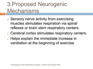 3.Proposed Neurogenic
Mechanisms
a. Sensory nerve activity from exercising
muscles stimulates respiration via spinal
reflexes or brain stem respiratory centers.
b. Cerebral cortex stimulates respiratory centers.
c. Helps explain the immediate increase in
ventilation at the beginning of exercise
173
Physiology of the Respiratory System...Edwin Ruoti BsN; MsP
 