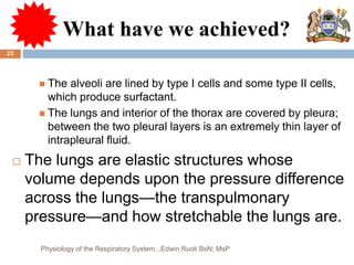 What have we achieved?
 The alveoli are lined by type I cells and some type II cells,
which produce surfactant.
 The lungs and interior of the thorax are covered by pleura;
between the two pleural layers is an extremely thin layer of
intrapleural fluid.
 The lungs are elastic structures whose
volume depends upon the pressure difference
across the lungs—the transpulmonary
pressure—and how stretchable the lungs are.
23
Physiology of the Respiratory System...Edwin Ruoti BsN; MsP
 