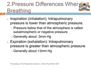 2.Pressure Differences When
Breathing
a. Inspiration (inhalation): Intrapulmonary
pressure is lower than atmospheric pressure.
1) Pressure below that of the atmosphere is called
subatmospheric or negative pressure
2) Generally about -3mm Hg
b. Expiration (exhalation): Intrapulmonary
pressure is greater than atmospheric pressure.
1) Generally about +3mm Hg
27
Physiology of the Respiratory System...Edwin Ruoti BsN; MsP
 
