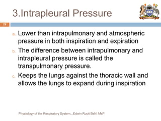 3.Intrapleural Pressure
a. Lower than intrapulmonary and atmospheric
pressure in both inspiration and expiration
b. The difference between intrapulmonary and
intrapleural pressure is called the
transpulmonary pressure.
c. Keeps the lungs against the thoracic wall and
allows the lungs to expand during inspiration
29
Physiology of the Respiratory System...Edwin Ruoti BsN; MsP
 