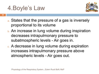 4.Boyle’s Law
a. States that the pressure of a gas is inversely
proportional to its volume
b. An increase in lung volume during inspiration
decreases intrapulmonary pressure to
subatmospheric levels - Air goes in.
c. A decrease in lung volume during expiration
increases intrapulmonary pressure above
atmospheric levels - Air goes out.
30
Physiology of the Respiratory System...Edwin Ruoti BsN; MsP
 