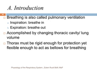 A. Introduction
 Breathing is also called pulmonary ventilation
a. Inspiration: breathe in
b. Expiration: breathe out
 Accomplished by changing thoracic cavity/ lung
volume
 Thorax must be rigid enough for protection yet
flexible enough to act as bellows for breathing
43
Physiology of the Respiratory System...Edwin Ruoti BsN; MsP
 