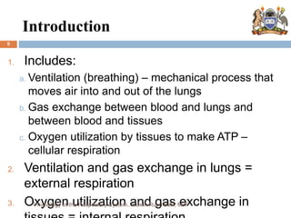 Introduction
5
1. Includes:
a. Ventilation (breathing) – mechanical process that
moves air into and out of the lungs
b. Gas exchange between blood and lungs and
between blood and tissues
c. Oxygen utilization by tissues to make ATP –
cellular respiration
2. Ventilation and gas exchange in lungs =
external respiration
3. Oxygen utilization and gas exchange in
Physiology of the Respiratory System...Edwin Ruoti BsN; MsP
 