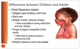 Differences between Children and Adults
 Chest/ Respiratory System
 Obligate nasal breathers until 6 wks
 Short neck
 Smaller, shorter, narrower airways
 = More susceptible to airway obstruction
and resp. distress
 Tongue is larger in proportion to the
mouth
 = More likely to obstruct airway in
unconscious child
 Pediatric trachea is much more pliable
10
 