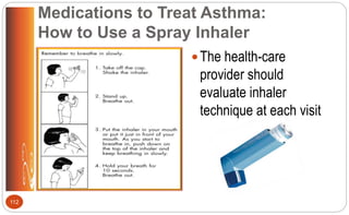 Medications to Treat Asthma:
How to Use a Spray Inhaler
The health-care
provider should
evaluate inhaler
technique at each visit
112
 