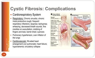 Cystic Fibrosis: Complications
 Cardiorespiratory System
 Respiratory: Chronic sinusitis; chronic
moist productive cough; frequent
respiratory infections; dyspnea; tachypnea;
wheezing, decreased breath sounds, fine
crackles on auscultation; clubbing of
fingers and toes; barrel chest; cyanosis
 Pulmonary hypertension, over inflation of
the lungs
 Cardiovascular: Rt-sided heart
enlargement (cor pulmonale); heart failure;
hyponatremia; circulatory collapse
136
 