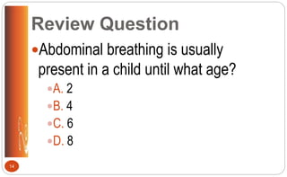 Review Question
Abdominal breathing is usually
present in a child until what age?
A. 2
B. 4
C. 6
D. 8
14
 