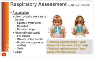  Auscultation
 Listen comparing one areas to
the other
 Equality of breath sounds
 Diminished
 Poor air exchange
 Abnormal breath sounds
 Fine crackles
 Wheezes (sibilant rhonchi)
 Rhonchi (sonorous, coarse
crackles)
 Stridor
 Cough
* Prolonged inspiratory phase = upper
airway obstruction (croup, foreign body)
* Prolonged expiratory phase = lower
airway obstruction (asthma)
17
Respiratory Assessment (p. 122 [new], 138 [old])
 