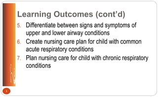 Learning Outcomes (cont’d)
5. Differentiate between signs and symptoms of
upper and lower airway conditions
6. Create nursing care plan for child with common
acute respiratory conditions
7. Plan nursing care for child with chronic respiratory
conditions
3
 