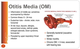 Otitis Media (OM)
 Inflammation of middle ear, sometimes
accompanied by infection
 Common illness: 6 – 24 mos
 Eustachian tube – shorter, wider, more
horizontal
 At risk: boys, daycare, allergies,
second-hand smoke, cleft-lip/ palate,
enlarged adenoids, Down syndrome,
formula-fed
 Preceded by upper respiratory/ throat
infection
 Generally bacterial (causative
agents)
 Winter months
 Chronic OM: > 3 mos; associated
with hearing loss37
 