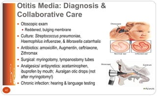 Otitis Media: Diagnosis &
Collaborative Care
 Otoscopic exam
 Reddened, bulging membrane
 Culture: Streptococcus pneumoniae,
Haemophilus influenzae, & Moraxella catarrhalis
 Antibiotics: amoxicillin, Augmentin, ceftriaxone,
Zithromax
 Surgical: myringotomy, tympanostomy tubes
 Analgesics/ antipyretics: acetaminophen,
ibuprofen by mouth; Auralgan otic drops (not
after myringotomy!)
 Chronic infection: hearing & language testing
42
 