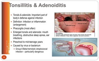 Tonsillitis & Adenoiditis
 Tonsils & adenoids: Important part of
body’s defense against infection
 Definition: Infection or inflammation
(enlargement)
 Pharyngitis (most often)
 Enlarged tonsils and adenoids: mouth
breathing, obstructive sleep apnea, ear
infections
 Preschool to mid-teenage years
 Caused by virus or bacterium
 Group A Beta-hemolytic streptococcal
infection – particularly dangerous
56
 