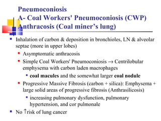 Pneumoconiosis
A- Coal Workers' Pneumoconiosis (CWP)
Anthracosis (Coal miner’s lung)
 Inhalation of carbon & deposition in bronchioles, LN & alveolar
septae (more in upper lobes)
 Asymptomatic anthracosis
 Simple Coal Workers' Pneumoconiosis → Centrilobular
emphysema with carbon laden macrophages

coal macules and the somewhat larger coal nodule
 Progressive Massive Fibrosis (carbon + silica): Emphysema +
large solid areas of progressive fibrosis (Anthrasilicosis)

increasing pulmonary dysfunction, pulmonary
hypertension, and cor pulmonale
 No ↑risk of lung cancer
 