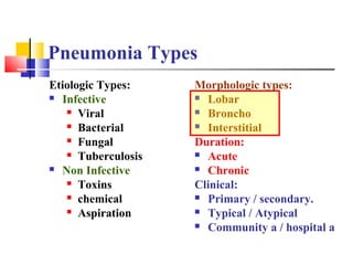 Pneumonia Types
Etiologic Types:
 Infective
 Viral
 Bacterial
 Fungal
 Tuberculosis
 Non Infective
 Toxins
 chemical
 Aspiration
Morphologic types:
 Lobar
 Broncho
 Interstitial
Duration:
 Acute
 Chronic
Clinical:
 Primary / secondary.
 Typical / Atypical
 Community a / hospital a
 