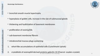 info@medicoseacademics.com
0310-7990649
Dr. Sidra Arshad, Asst. Prof. Physiology 12
Morphologic Manifestations
• bronchial smooth muscle hypertrophy
• hyperplasia of goblet cells, increase in the size of submucosal glands
• thickening and hyalinization of basement membranes
• proliferation of eosinophils
• sub-basement membrane fibrosis
• intrabronchial mucous plugs containing:
1. whorl-like accumulations of epithelial cells (Curschmann spirals)
2. crystalloids of eosinophil-derived proteins galectin-10 (Charcot -Leyden crystals)
 