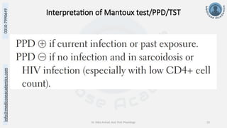 info@medicoseacademics.com
0310-7990649
Dr. Sidra Arshad, Asst. Prof. Physiology 23
Interpretation of Mantoux test/PPD/TST
 