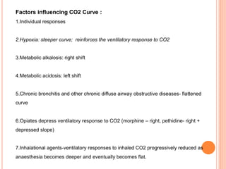 Factors influencing CO2 Curve :
1.Individual responses
2.Hypoxia: steeper curve; reinforces the ventilatory response to CO2
3.Metabolic alkalosis: right shift
4.Metabolic acidosis: left shift
5.Chronic bronchitis and other chronic diffuse airway obstructive diseases- flattened
curve
6.Opiates depress ventilatory response to CO2 (morphine – right, pethidine- right +
depressed slope)
7.Inhalational agents-ventilatory responses to inhaled CO2 progressively reduced as
anaesthesia becomes deeper and eventually becomes flat.
 