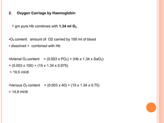 2. Oxygen Carriage by Haemoglobin
1 gm pure Hb combines with 1.34 ml O₂
•O2 content: amount of O2 carried by 100 ml of blood
• dissolved + combined with Hb
•Arterial O2 content = (0.003 x PO2) + (Hb x 1.34 x SaO2)
= (0.003 x 100) + (15 x 1.34 x 0.975)
= 19.5 ml/dl
•Venous O2 content = (0.003 x 40) + (15 x 1.34 x 0.75)
= 14.8 ml/dl
 