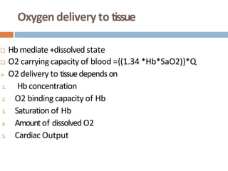 Oxygen delivery to tissue
 Hbmediate +dissolved state
 O2 carrying capacity of blood ={(1.34 *Hb*SaO2)}*Q
 O2 delivery to tissuedepends on
1. Hb concentration
2. O2 binding capacity of Hb
3. Saturation of Hb
4. Amountof dissolved O2
5. Cardiac Output
 