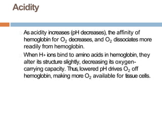 Acidity
🞑 Asacidity increases (pH decreases), the affinity of
hemoglobin for O2 decreases, and O2 dissociates more
readily from hemoglobin.
🞑 When H+ ions bind to amino acids in hemoglobin, they
alter its structure slightly, decreasing its oxygen-
carrying capacity. Thus,lowered pH drives O2 off
hemoglobin, making more O2 available for tissue cells.
 