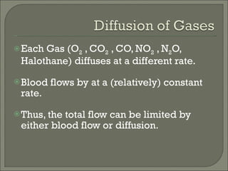 Each Gas (O 2  , CO 2  , CO, NO 2  , N 2 O, Halothane) diffuses at a different rate. Blood flows by at a (relatively) constant rate. Thus, the total flow can be limited by either blood flow or diffusion. 