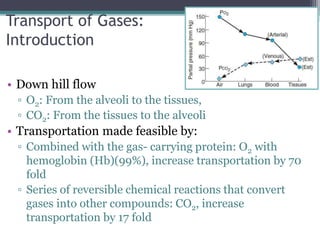 Transport of Gases:
Introduction
• Down hill flow
▫ O2: From the alveoli to the tissues,
▫ CO2: From the tissues to the alveoli
• Transportation made feasible by:
▫ Combined with the gas- carrying protein: O2 with
hemoglobin (Hb)(99%), increase transportation by 70
fold
▫ Series of reversible chemical reactions that convert
gases into other compounds: CO2, increase
transportation by 17 fold
 