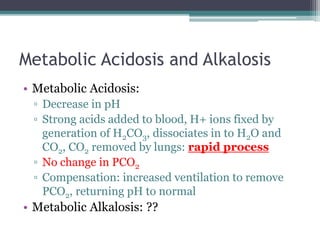 Metabolic Acidosis and Alkalosis
• Metabolic Acidosis:
▫ Decrease in pH
▫ Strong acids added to blood, H+ ions fixed by
generation of H2CO3, dissociates in to H2O and
CO2, CO2 removed by lungs: rapid process
▫ No change in PCO2
▫ Compensation: increased ventilation to remove
PCO2, returning pH to normal
• Metabolic Alkalosis: ??
 
