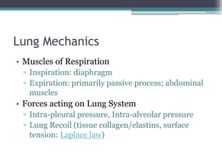 Lung Mechanics
• Muscles of Respiration
▫ Inspiration: diaphragm
▫ Expiration: primarily passive process; abdominal
muscles
• Forces acting on Lung System
▫ Intra-pleural pressure, Intra-alveolar pressure
▫ Lung Recoil (tissue collagen/elastins, surface
tension: Laplace law)
 