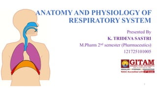 ANATOMY AND PHYSIOLOGY OF
RESPIRATORY SYSTEM
Presented By
K. TRIDEVA SASTRI
M.Pharm 2nd semester (Pharmaceutics)
121725101005
1
 