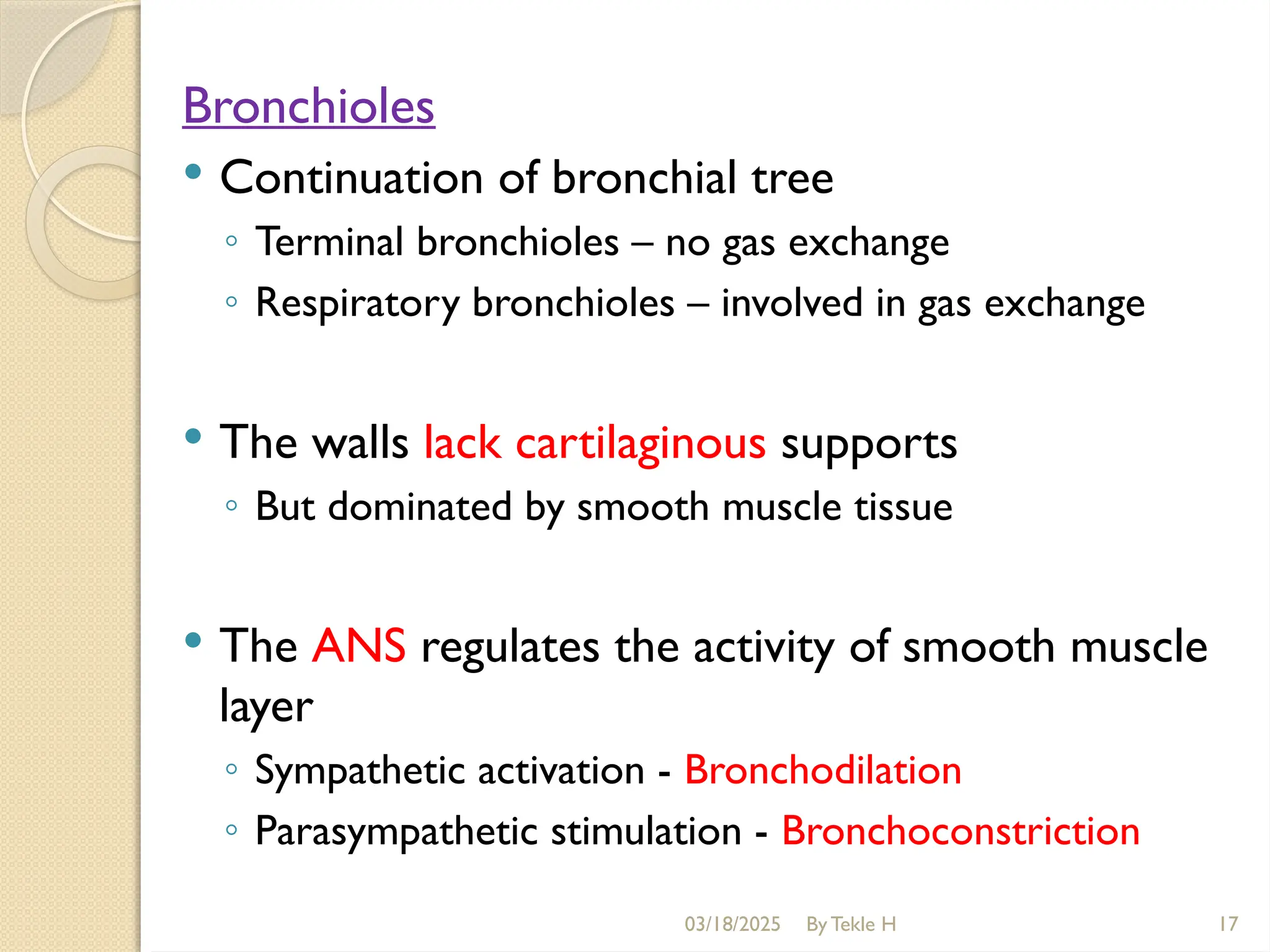 03/18/2025 By Tekle H 17
Bronchioles
 Continuation of bronchial tree
◦ Terminal bronchioles – no gas exchange
◦ Respiratory bronchioles – involved in gas exchange
 The walls lack cartilaginous supports
◦ But dominated by smooth muscle tissue
 The ANS regulates the activity of smooth muscle
layer
◦ Sympathetic activation - Bronchodilation
◦ Parasympathetic stimulation - Bronchoconstriction
 