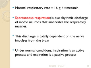 03/18/2025 By Tekle H 58
 Normal respiratory rate = 16 + 4 times/min
 Spontaneous respiration; is due rhythmic discharge
of motor neurons that innervates the respiratory
muscles.
 This discharge is totally dependent on the nerve
impulses from the brain
 Under normal conditions, inspiration is an active
process and expiration is a passive process
 