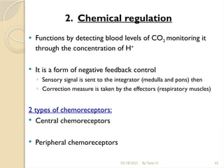 03/18/2025 By Tekle H 65
2. Chemical regulation
 Functions by detecting blood levels of CO2 monitoring it
through the concentration of H+
 It is a form of negative feedback control
◦ Sensory signal is sent to the integrator (medulla and pons) then
◦ Correction measure is taken by the effectors (respiratory muscles)
2 types of chemoreceptors:
 Central chemoreceptors
 Peripheral chemoreceptors
 