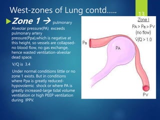 West-zones of Lung contd…..
Zone 1  pulmonary
Alveolar pressure(PA) exceeds
pulmonary artery
pressure(Ppa),which is negative at
this height, so vessels are collapsed-
no blood flow, no gas exchange,
hence wasted ventilation-alveolar
dead space.
V/Q is 3.4
Under normal conditions little or no
zone 1 exists. But in conditions
where Ppa is greatly reduced-
hypovolemic shock or where PA is
greatly increased-large tidal volume
ventilation or high PEEP ventilation
during IPPV.
13
 