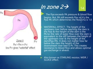In zone 2
 The Ppa exceeds PA pressure & blood flow
begins. But, PA still exceeds Ppv so it’s the
Ppa-PA which determines the flow.V/Q is 1.0
 WATERFALL EFFECT- The height of the
upstream river before reaching the dam is
the Ppa & the height of the dam is the
PA.So the rate of water flow over the dam is
equivalent to the diff between the height of
the upstream river & the height of the
dam(Ppa-PA). It does not matter how far
below the dam the height of the
downstream river bed is Pv. This creates
resistance to blood flow and allows optimal
gas exchange in alveoli.
 Also known as STARLING resistor, WEIR /
SLUICE effect.
14
 