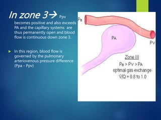 In zone 3 Ppv
becomes positive and also exceeds
PA and the capillary systems are
thus permanently open and blood
flow is continuous down zone 3.
 In this region, blood flow is
governed by the pulmonary
arteriovenous pressure difference
(Ppa - Ppv)
15
 