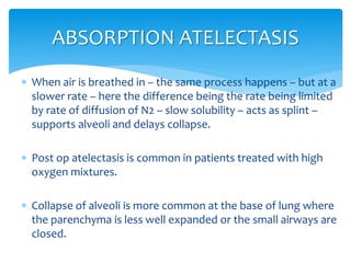  When air is breathed in – the same process happens – but at a
slower rate – here the difference being the rate being limited
by rate of diffusion of N2 – slow solubility – acts as splint –
supports alveoli and delays collapse.
 Post op atelectasis is common in patients treated with high
oxygen mixtures.
 Collapse of alveoli is more common at the base of lung where
the parenchyma is less well expanded or the small airways are
closed.
ABSORPTION ATELECTASIS
 